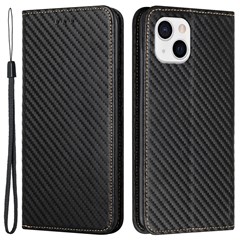 Stand Phone Cover for iPhone 15 Plus Carbon Fiber Texture PU Leather+TPU Wallet Case - Black