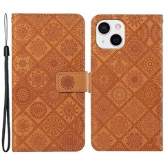 Leather Wallet Case for iPhone 15 , Imprinted Flower Shockproof Phone Stand Cover - Brown