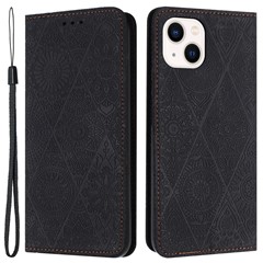 Wallet Case for iPhone 15 Plus Foldable Stand PU Leather Retro Flower Imprinted Phone Cover - Black