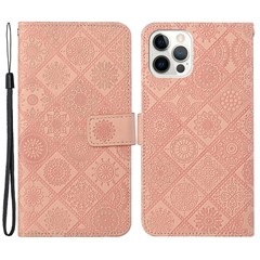 Leather Wallet Case for iPhone 15 Pro , Imprinted Flower Folio Flip Stand Phone Cover - Pink