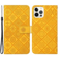 Leather Wallet Case for iPhone 15 Pro Max , Imprinted Flower Phone Stand Anti-fall Cover - Yellow