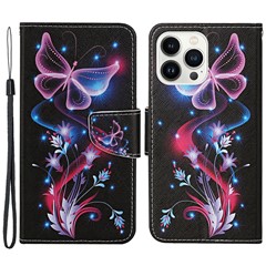 For iPhone 15 Pro Max PU Leather Wallet Case Pattern Printing Stand Cross Texture Phone Cover with Strap - Fluorescent Butterflies