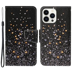 For iPhone 15 Pro Pattern Printing PU Leather Phone Case Cross Texture Wallet Stand Cover with Strap - Shattered Stars