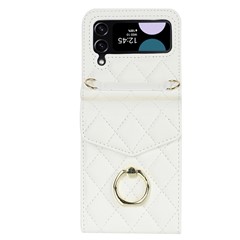 For Samsung Galaxy Z Flip4 5G RFID Blocking Multiple Card Slots Case Ring Kickstand Leather+PC Cover - White