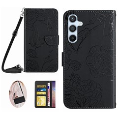 HT03 For Samsung Galaxy S23 FE Skin-touch Phone Case Imprinted Butterfly Flowers Stand Cover with Shoulder Strap - Black