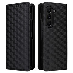 Wallet Phone Case for Samsung Galaxy Z Fold5 5G Rhombus Imprinted PU Leather Phone Cover - Black
