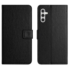 For Samsung Galaxy A25 5G (Global) (161.0 x 76.5 x 8.3mm) Anti-Fingerprint Phone Case Litchi Texture PU Leather Wallet Stand Cover - Black