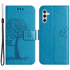 PU For Samsung Galaxy A25 5G (Global) (161.0 x 76.5 x 8.3mm) Owl Tree Imprinted Foldable Stand Phone Cover - Blue