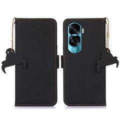 For Honor 90 Lite 5G / X50i RFID Blocking Wallet Phone Case Silky Feeling Genuine Cow Leather Stand Cover - Black