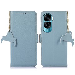 For Honor 90 Lite 5G / X50i RFID Blocking Phone Case Stand Wallet Genuine Cow Leather Litchi Texture Cover - Blue