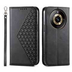 Leather Phone Case for Realme 11 Pro 5G Anti-fall Imprinted Rhombus Pattern Wallet Stand Cover - Black