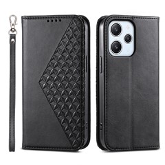 For Xiaomi Redmi 12 4G Leather Phone Case Anti-fall Imprinted Rhombus Pattern Wallet Stand Cover - Black