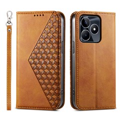 For Realme C53 (Global) / C53 (India) / C51 Leather Phone Case Imprinted Rhombus Pattern Wallet Stand Shockproof Cover - Yellow