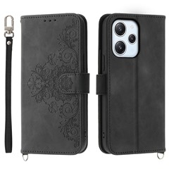 Phone Case for Xiaomi Redmi 12 4G , Imprinted Flower Stand Wallet Leather Cover with Wrist Strap + Shoulder Strap - Black