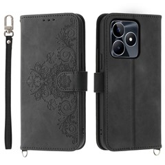 Viewing Stand Phone Case for Realme C53 (Global) / C53 (India) / C51 Imprinted Flower Wallet Leather Cover with Strap - Black