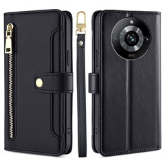 For Realme 11 Pro+ 5G / 11 Pro 5G Zipper Pocket Phone Case Multiple Card Slots Leather Cover with Straps - Black