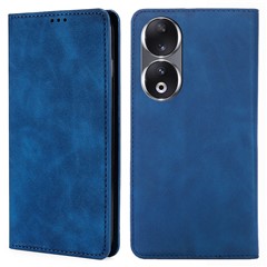 For Honor 90 Skin-touch Feeling Phone Cover Stand PU Leather Phone Case Shell with Card Slot - Blue