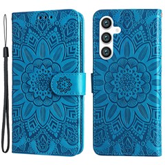 For Samsung Galaxy S23 FE Anti-Scratch Phone Cover PU Leather Shockproof Imprinted Sunflower Wallet Stand Case - Blue