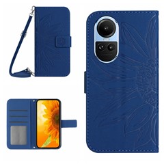 HT04 For Oppo Reno10 Pro 5G (Global) / Reno10 5G (Global) Wallet Stand Leather Phone Case Sunflower Imprint Cover with Shoulder Strap - Sapphire
