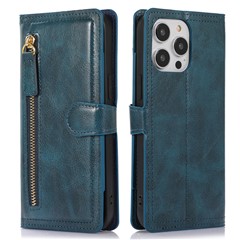 For iPhone 15 Pro Max Wallet Drop-proof PU Leather Case Zipper Pocket Flip Stand Phone Cover - Blue