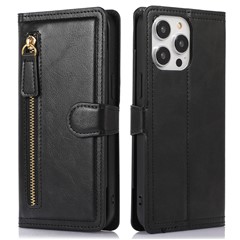 For iPhone 15 Pro Shockproof PU Leather Case Wallet Zipper Pocket Flip Stand Phone Cover - Black