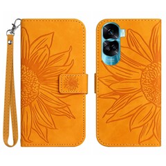 HT04 Wallet Stand Case for Honor 90 Lite 5G / X50i 5G , Sunflower Pattern Leather Phone Cover with Hand Strap - Yellow