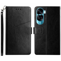HT01 PU Leather Cover for Honor 90 Lite 5G / X50i 5G , Stand Wallet Y-shaped Line Imprinted Phone Case - Black