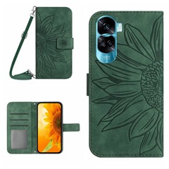 HT04 For Honor 90 Lite 5G / X50i 5G Stand Cover Sunflower Imprint PU Leather Wallet Phone Case with Shoulder Strap - Dark Green