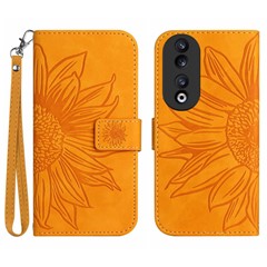 HT04 Sunflower Pattern Leather Case for Honor 90 , Wallet Stand Phone Cover with Hand Strap - Yellow