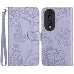 HT03 Stand Wallet Leather Case for Honor 90 , Imprinted Butterfly Flowers Phone Cover with Hand Strap - Purple