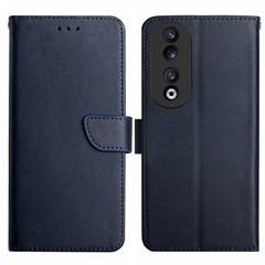 HT02 Genuine Cow Leather Phone Case for Honor 90 , Wallet Stand Nappa Texture Phone Cover - Blue