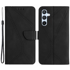 HT05 For Samsung Galaxy A25 5G (Global) (161.0 x 76.5 x 8.3mm) PU Leather Phone Case Skin-touch Stand Wallet Imprinted Line Cover - Black
