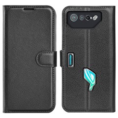 Litchi Texture Phone Case for Asus ROG Phone 7 5G , Wallet Phone Cover Stand PU Leather Shell - Black