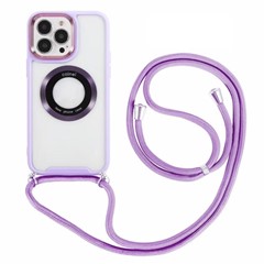 Magnetic Clear Case for iPhone 13 Pro PC + TPU Shockproof Phone Cover with Neck Lanyard - Purple