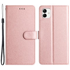 Smart Phone Stand Case for Samsung Galaxy A04e 4G / F04 4G / M04 4G , Silk Texture PU Leather Wallet Shell with Hand Strap - Rose Gold