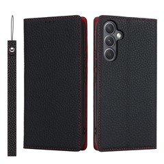For Samsung Galaxy A54 5G Genuine Cow Leather Flip Case Litchi Texture Wallet Stand Phone Cover with Strap - Black