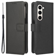 For Samsung Galaxy Z Fold5 5G PU Leather Wallet Case Stand Diamond Texture Phone Cover - Black