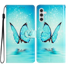 For Samsung Galaxy A25 5G (Global) (161.0 x 76.5 x 8.3mm) PU Leather Pattern Printing Phone Case Stand Flip Wallet Cover with Strap - Blue Butterfly