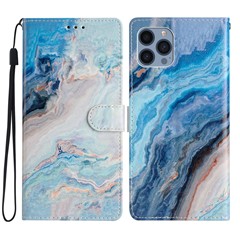 For iPhone 15 Pro Stand Phone Case Pattern Printing PU Leather Wallet Cover with Strap - Blue Marble