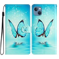 For iPhone 15 Plus Wallet Case PU Leather Pattern Printing Stand Phone Cover with Strap - Blue Butterfly