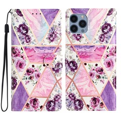 For iPhone 15 Pro Max Pattern Printing Flip Phone Case PU Leather Wallet Stand Cover with Strap - Purple Flowers