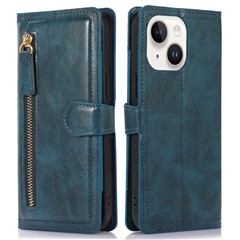 For iPhone 15 Plus Slim-Fit PU Leather Case Wallet Zipper Pocket Flip Stand Phone Cover Shell - Blue