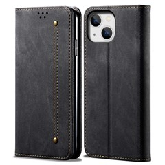 Phone Case for iPhone 15 , Wallet Stand Cell Phone Cover PU Leather Jeans Cloth Texture Shell - Black