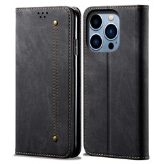 For iPhone 15 Pro Max Phone Case PU Leather Jeans Cloth Texture Wallet Stand Anti-Scratch Phone Cover - Black