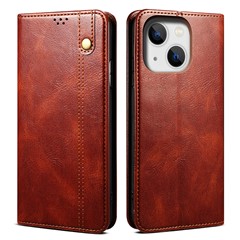 Stand Phone Cover For iPhone 15 Plus , Waxy Crazy Horse Texture Wallet PU Leather Shell Phone Case - Brown