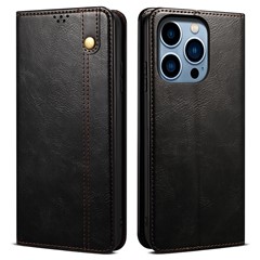 For iPhone 15 Pro PU Leather Mobile Phone Case Waxy Crazy Horse Texture Phone Cover Stand Wallet - Black