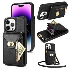 For iPhone 15 Pro Max Zipper Pocket Leather Coated TPU Phone Case Card Holder Kickstand Cover - Black