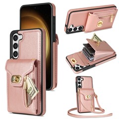 For Samsung Galaxy S23 Card Holder Phone Case Leather Coated TPU Kickstand Cover with Zipper Pocket - Pink