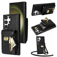 For Samsung Galaxy S23 Ultra Card Slots Phone Cover Zipper Pocket Leather Coated TPU Kickstand Case - Black