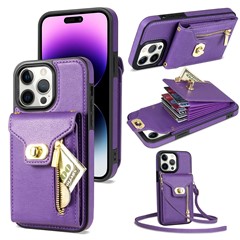 Kickstand Case for iPhone 14 Pro , Zipper Pocket PU Leather + TPU Phone Cover with Card Holder - Purple